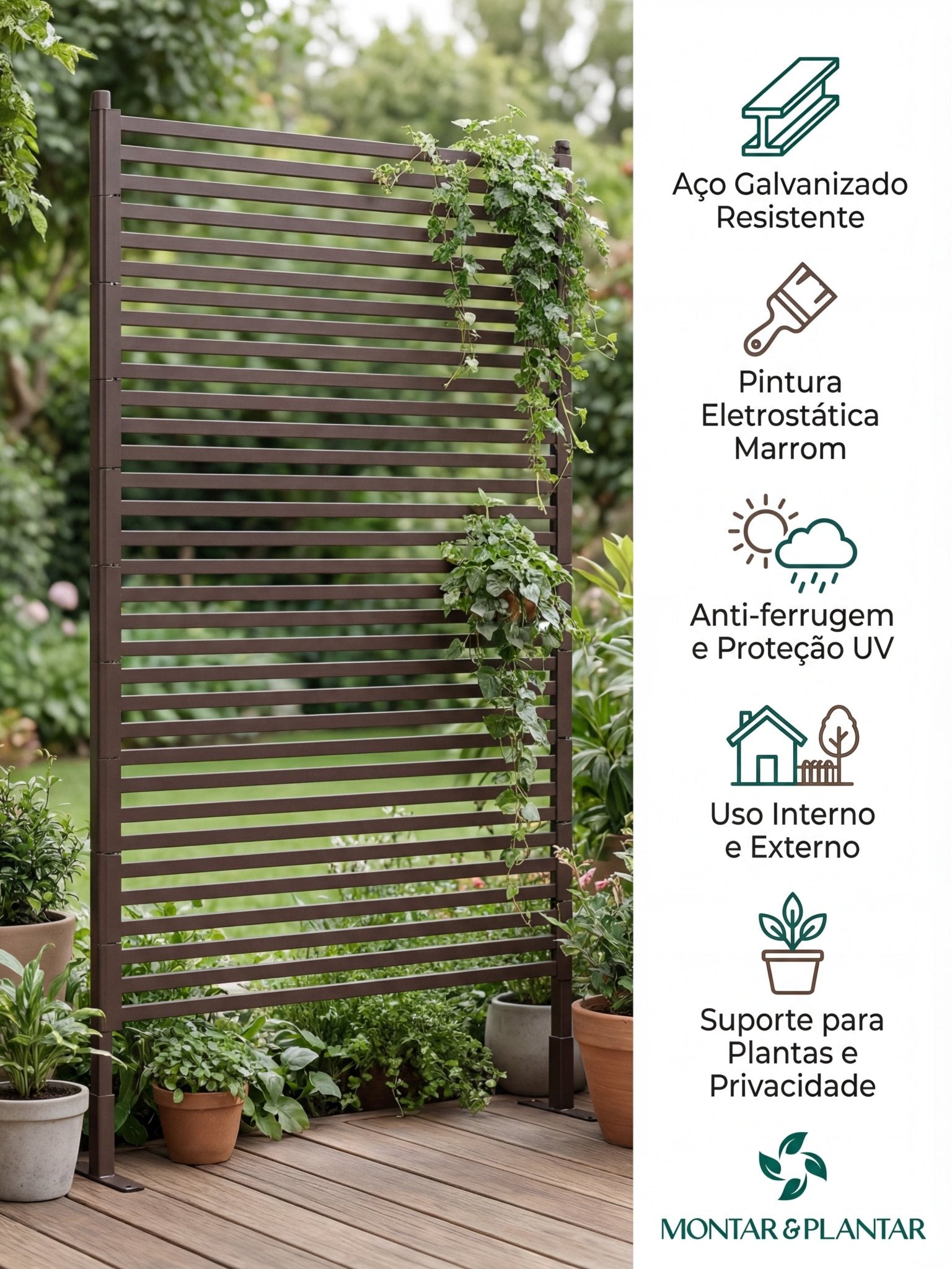 Biombo Reto Linhas de Metal Interno/Externo 1,8x0,9mt Marrom - Montar & Plantar