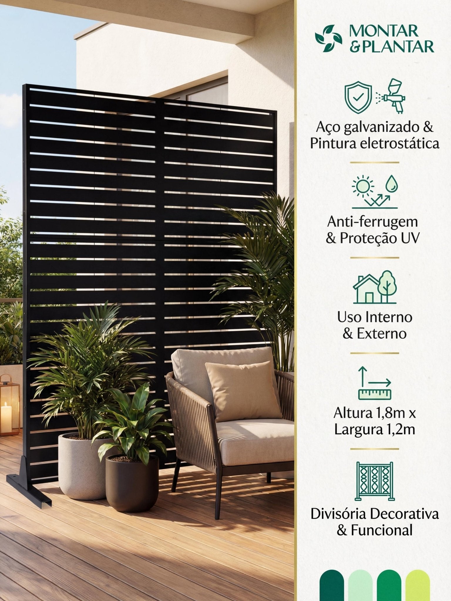 Biombo Reto Linhas de Metal Interno/Externo 1,8x1,2mt Preto - Montar & Plantar