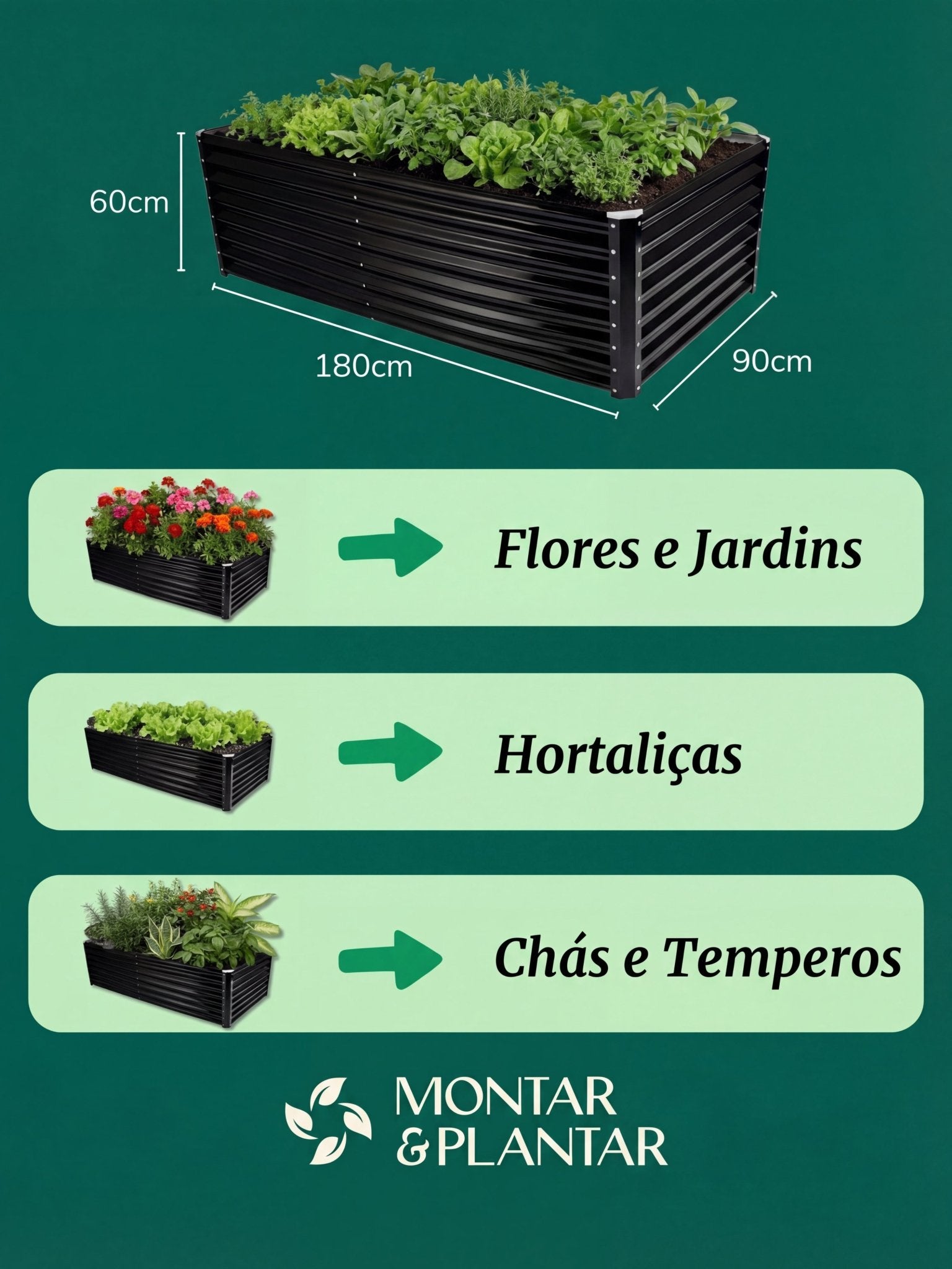 Canteiro Metálico Elevado Jardim Retangular Alto 180x90cm - Montar & Plantar