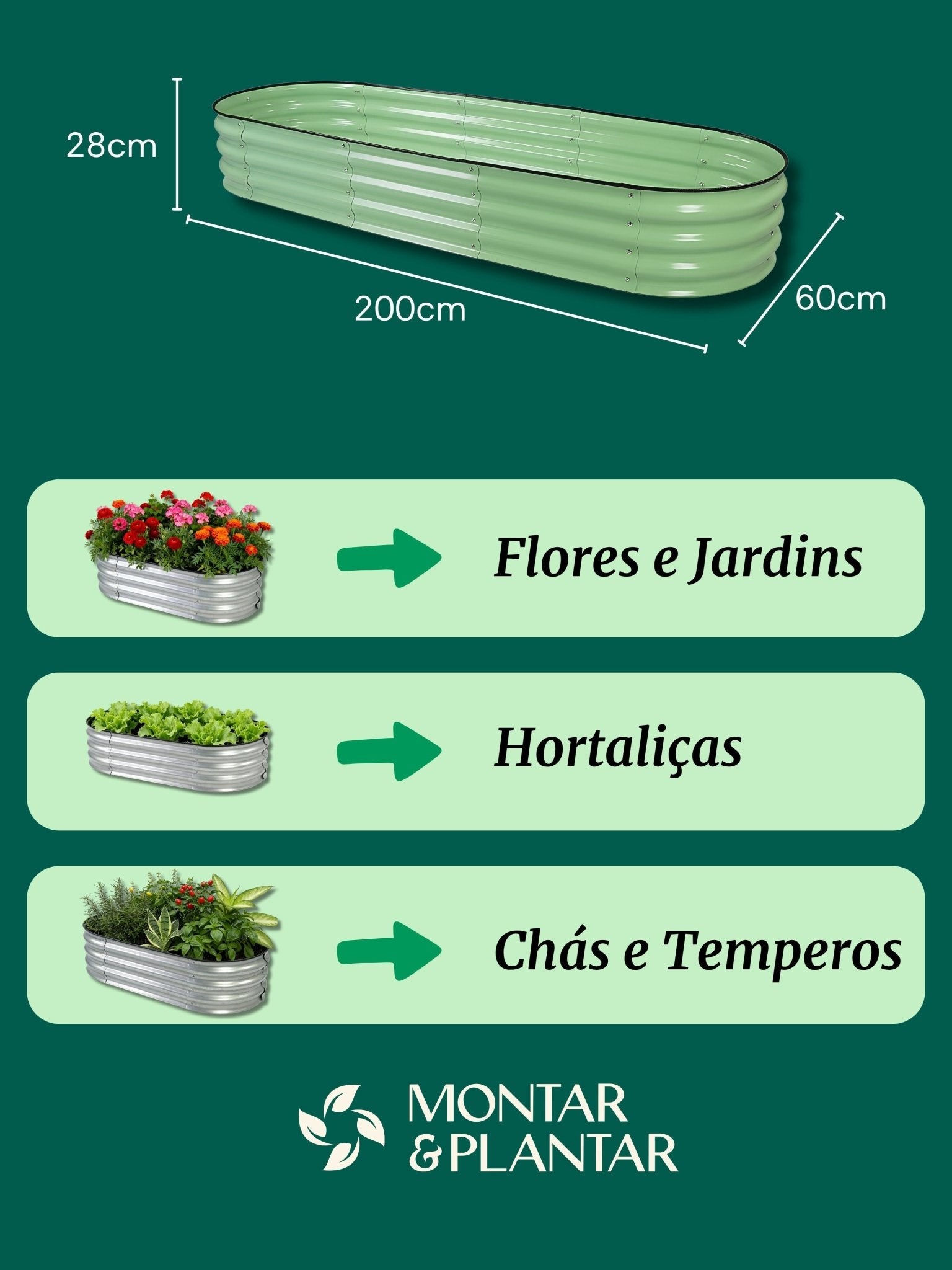 Canteiro Metálico Elevado para Jardim Oval 200x60cm Verde - Montar & Plantar