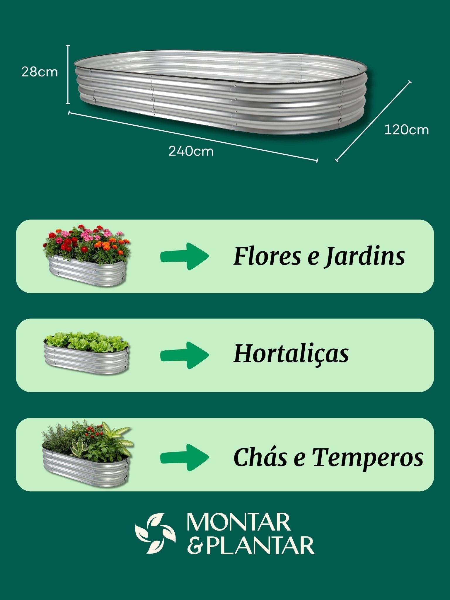Canteiro Metálico Elevado para Jardim Oval 240x120cm - Montar & Plantar
