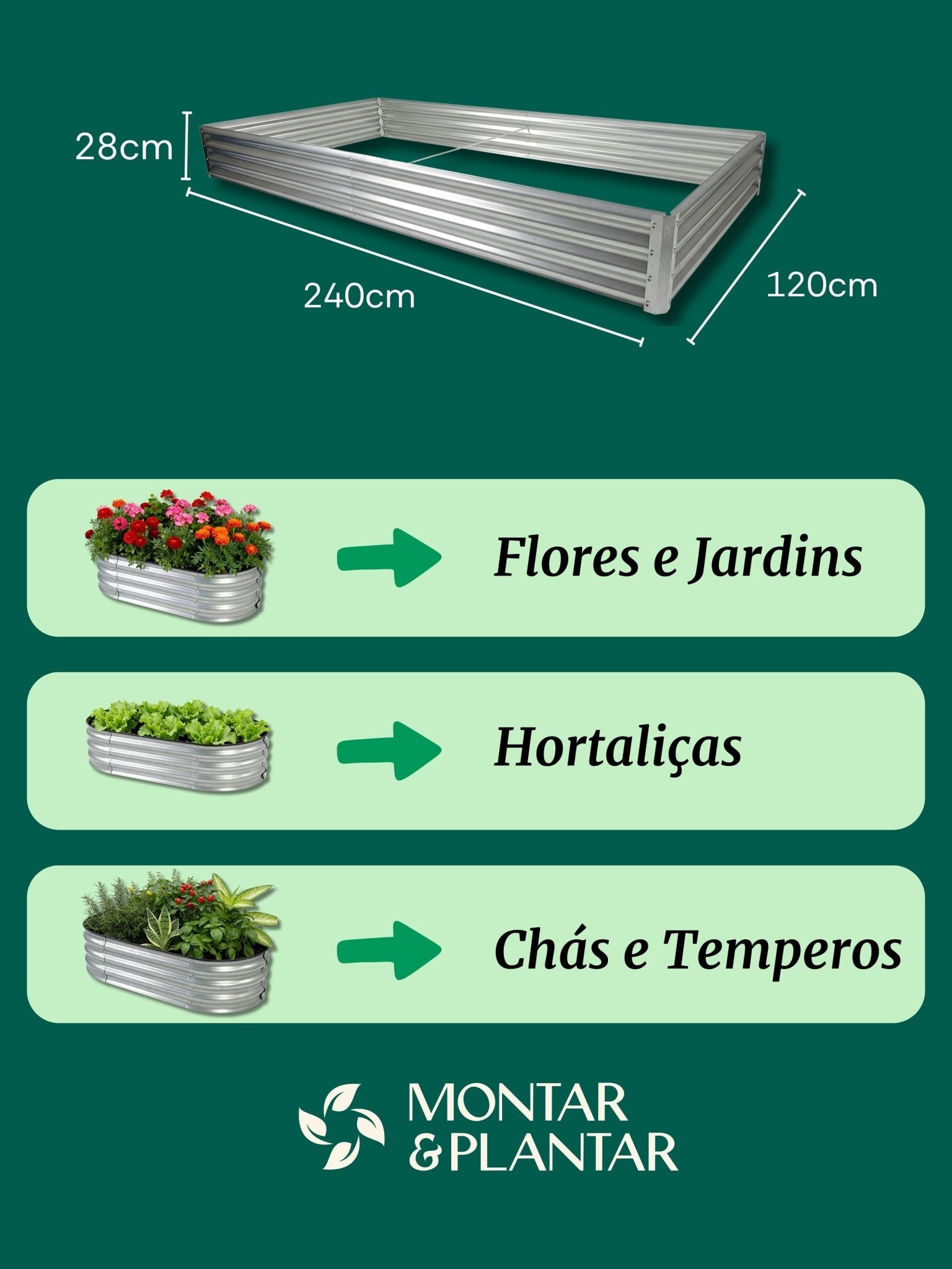 Canteiro Metálico Elevado para Jardim Retangular 240x120cm - Montar & Plantar