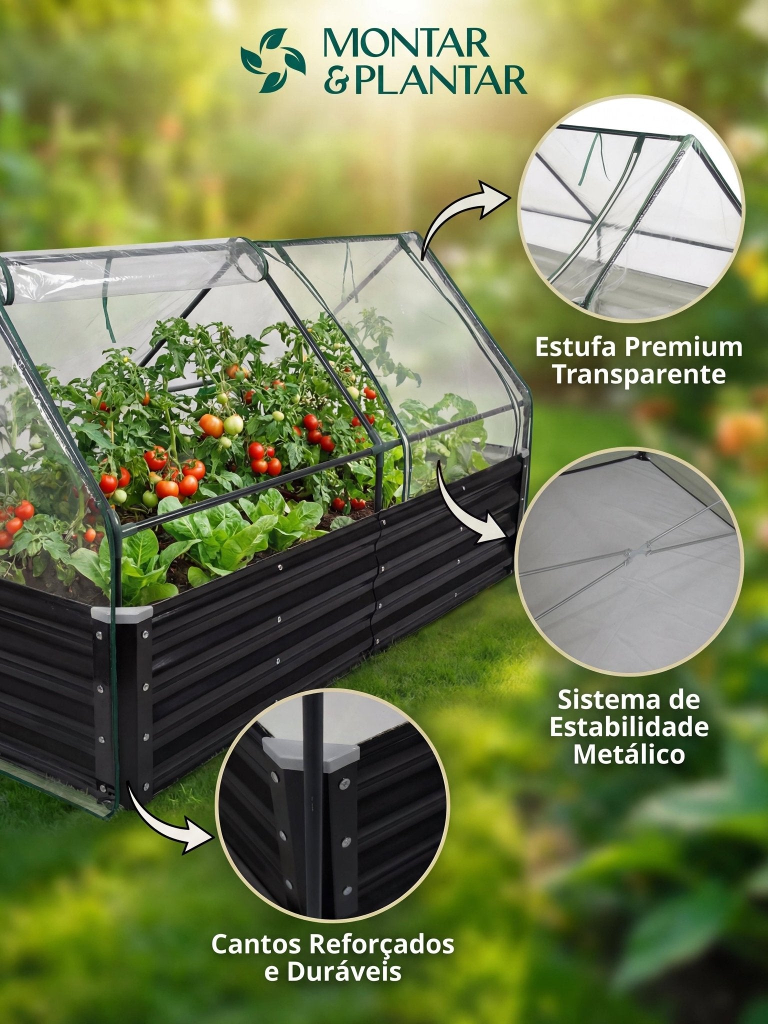 Canteiro Metálico para Jardim com Estufa 90cm x 180cm Preto - Montar & Plantar