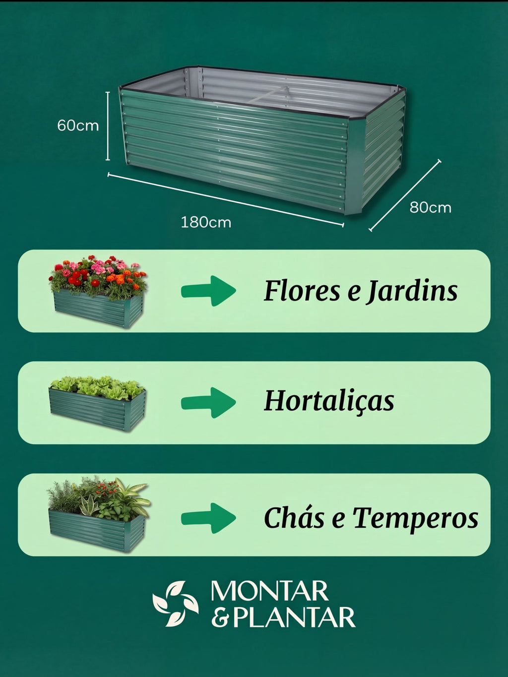 Canteiro Metálico para Jardim Retangular 160x80cm Verde - Montar & Plantar