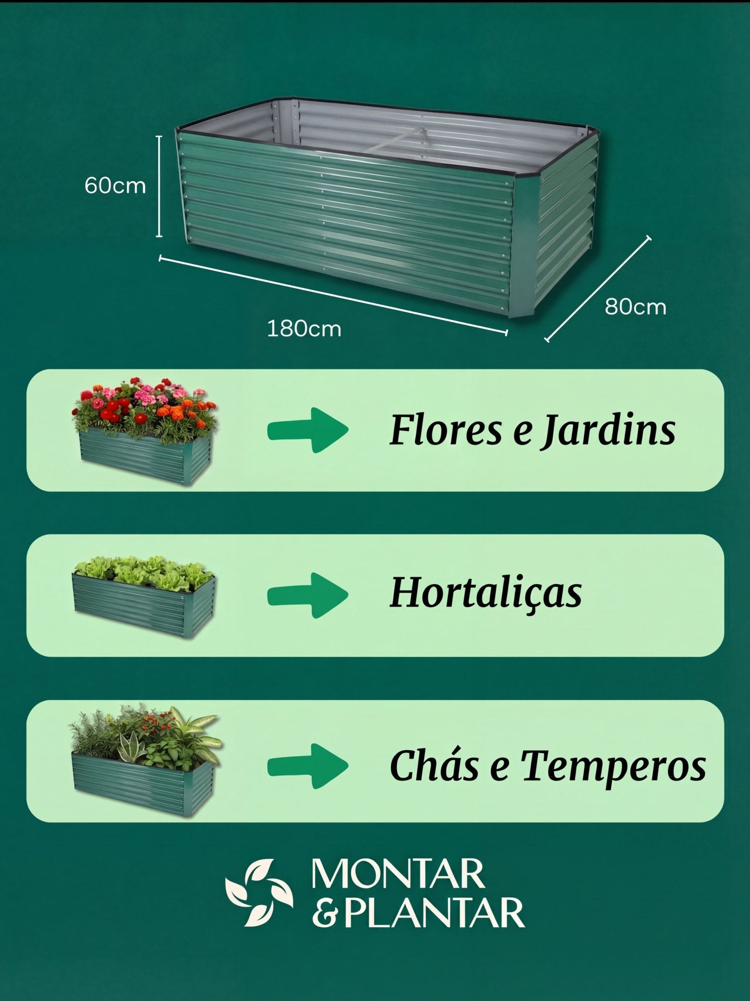 Canteiro Metálico para Jardim Retangular 160x80cm Verde - Montar & Plantar