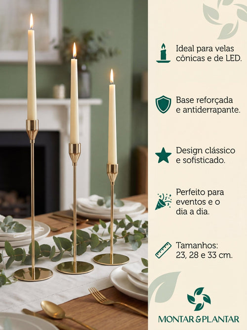 Conjunto Castiçal de Ferro com Acabamento Champagne 3 Pç - Montar & Plantar