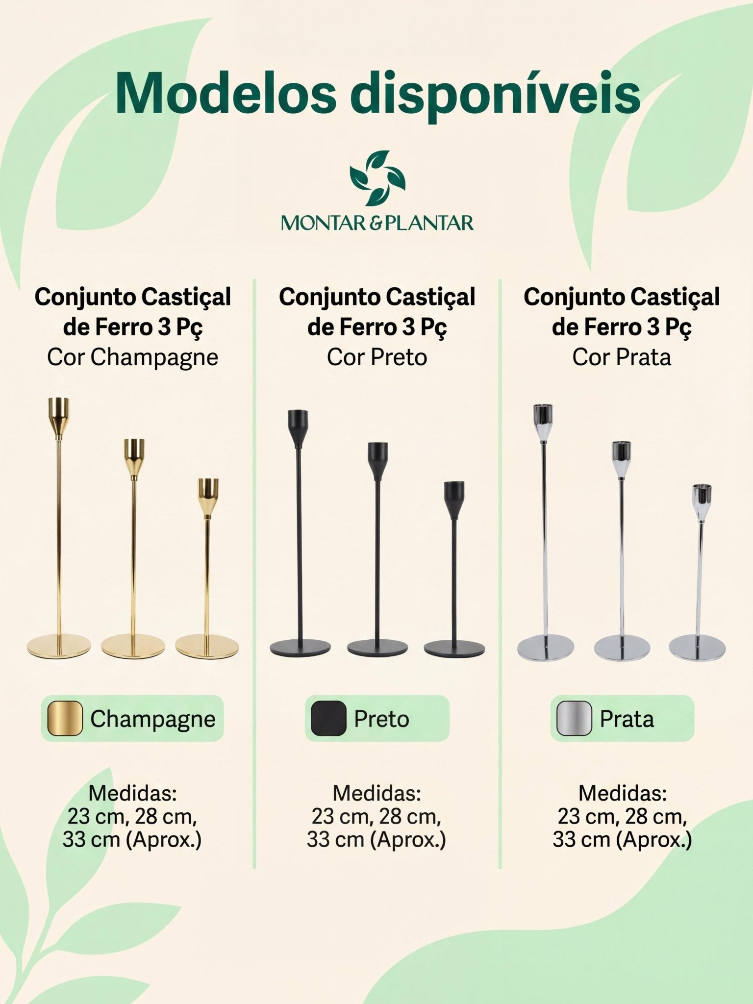 Conjunto Castiçal de Ferro com Acabamento Prata 3 Pç - Montar & Plantar