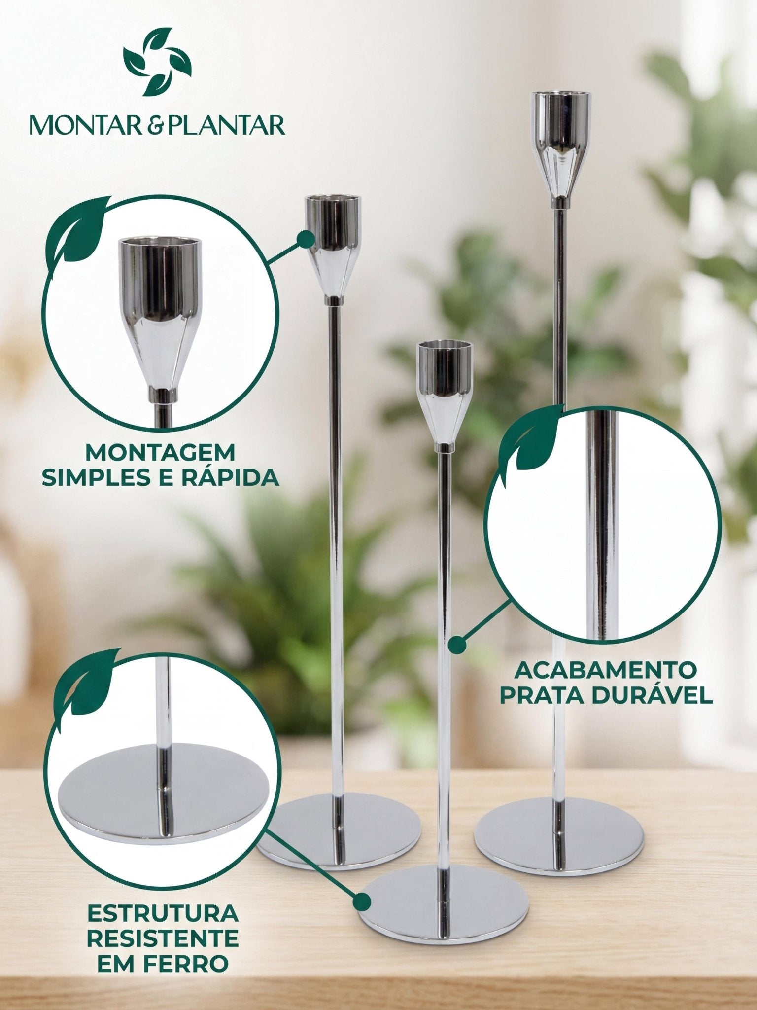 Conjunto Castiçal de Ferro com Acabamento Prata 3 Pç - Montar & Plantar