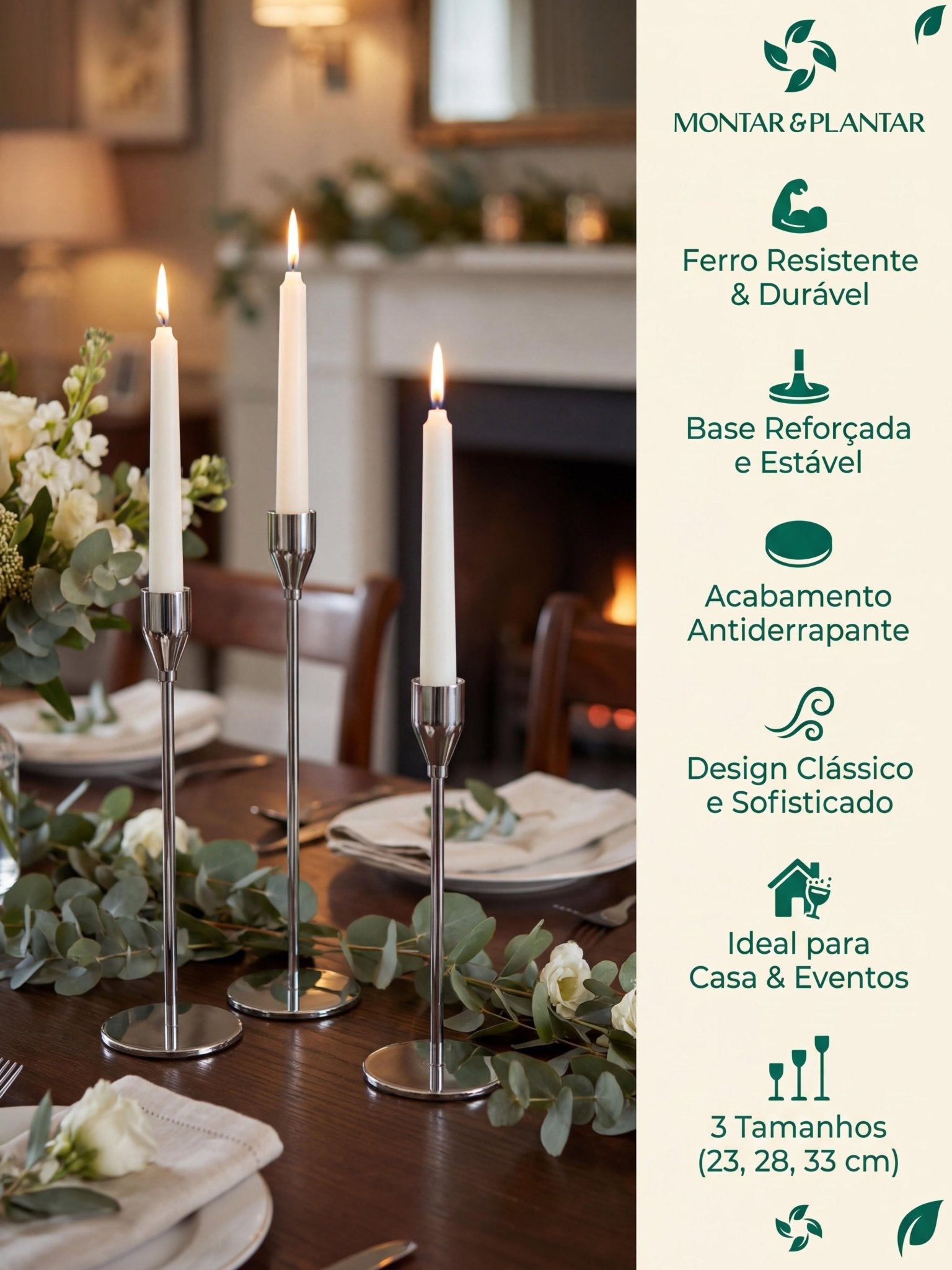 Conjunto Castiçal de Ferro com Acabamento Prata 3 Pç - Montar & Plantar