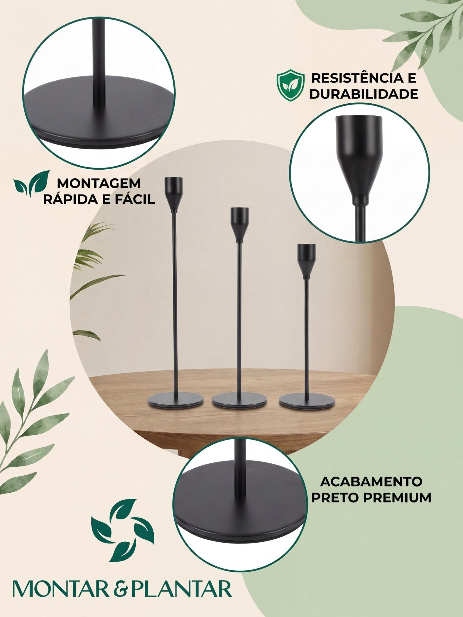 Conjunto Castiçal de Ferro com Acabamento Preto 3 Pç - Montar & Plantar