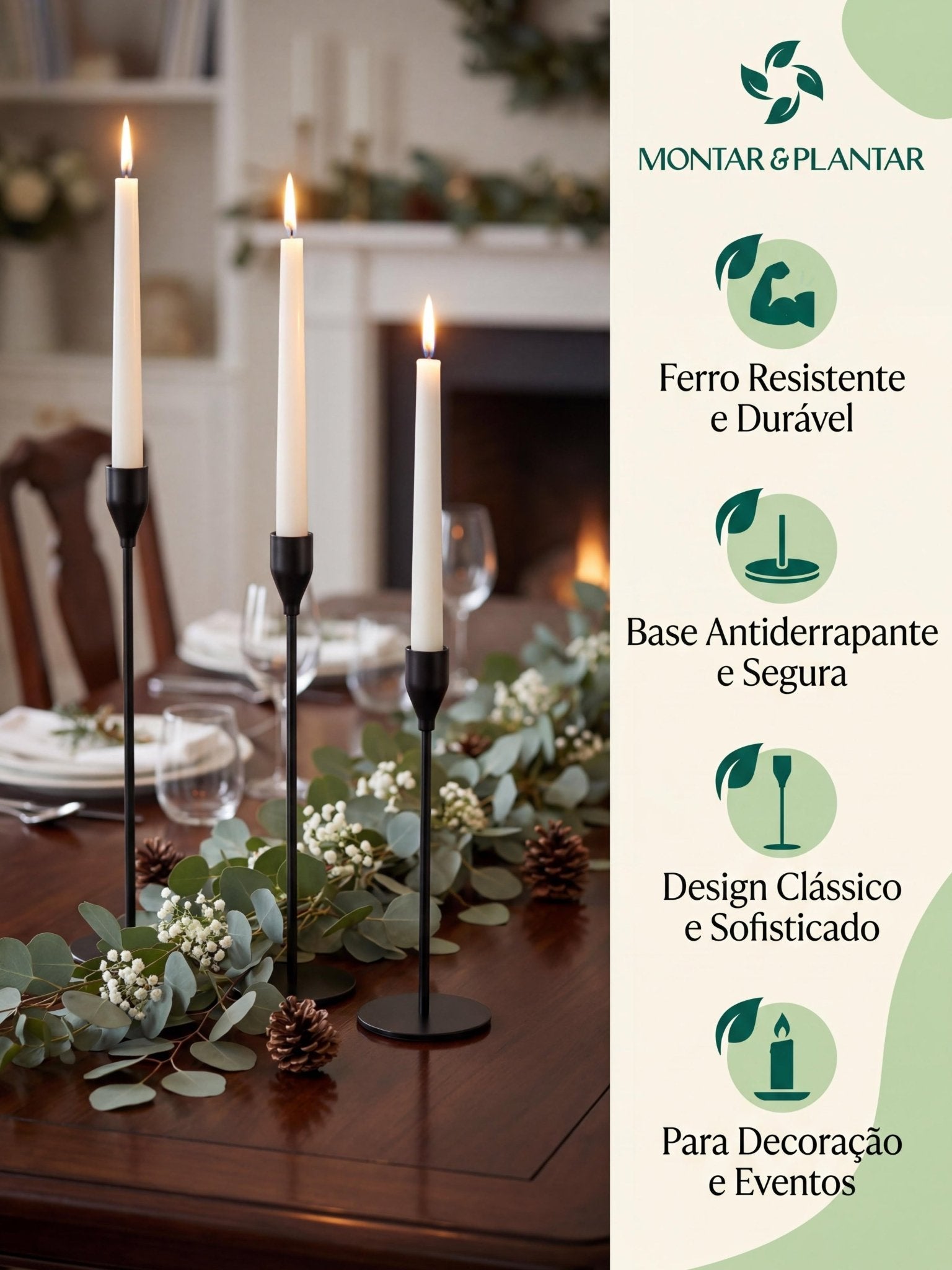 Conjunto Castiçal de Ferro com Acabamento Preto 3 Pç - Montar & Plantar