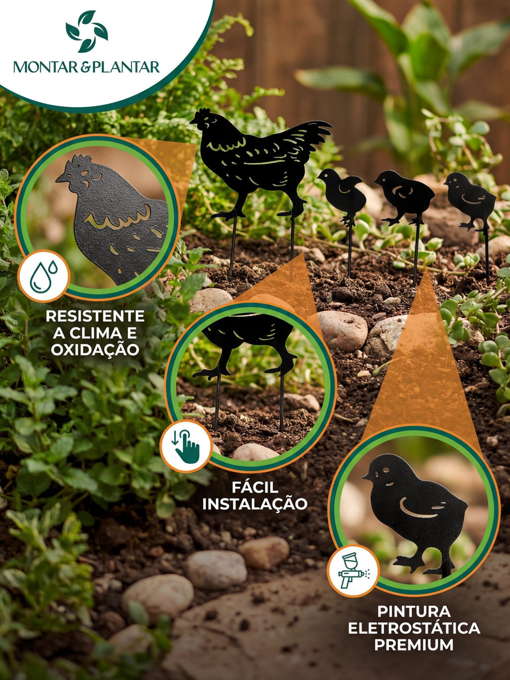 Decoração para Jardim em Metal Galinha e Pintinhos Preto - Montar & Plantar