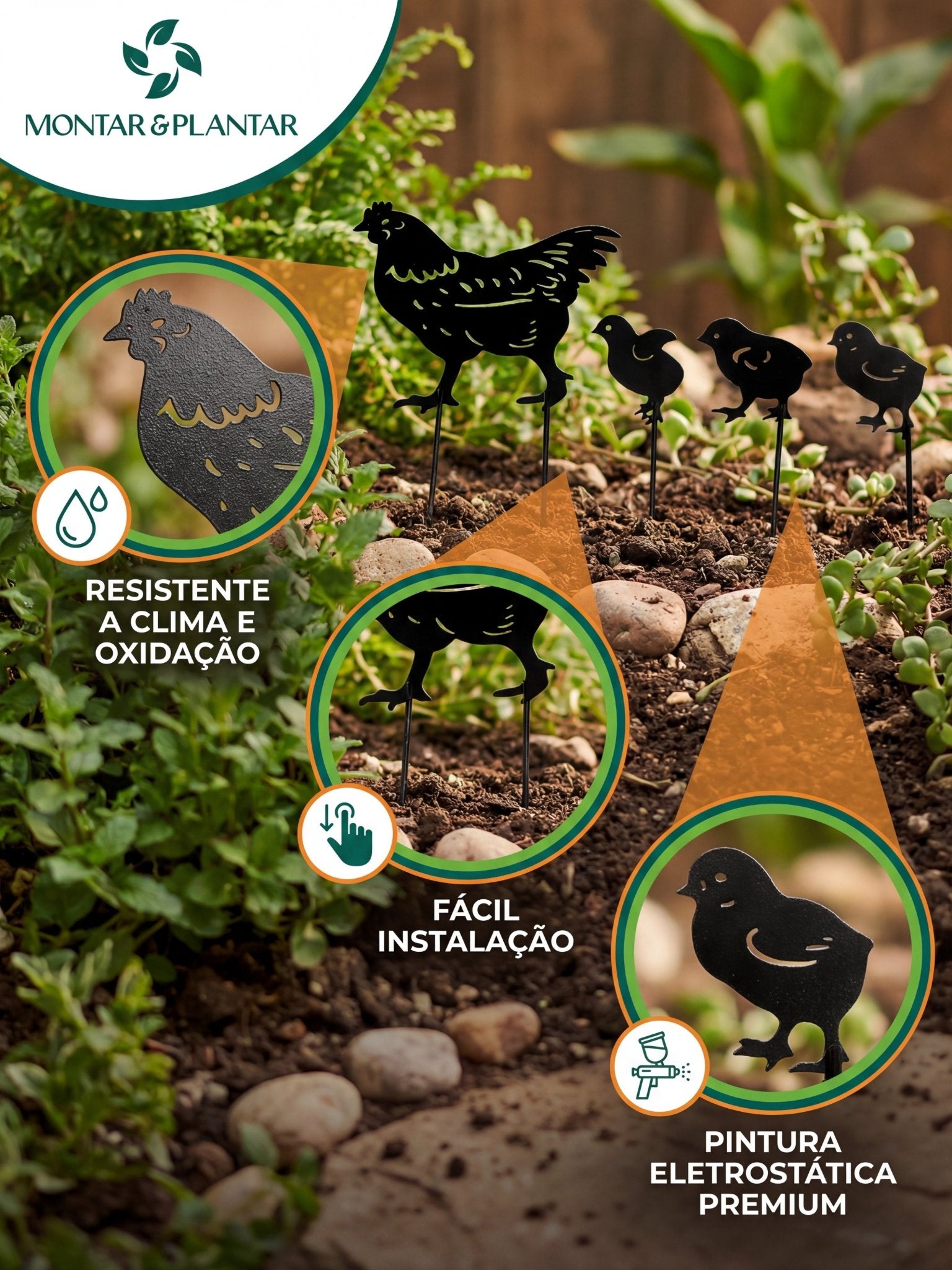 Decoração para Jardim em Metal Galinha e Pintinhos Preto - Montar & Plantar