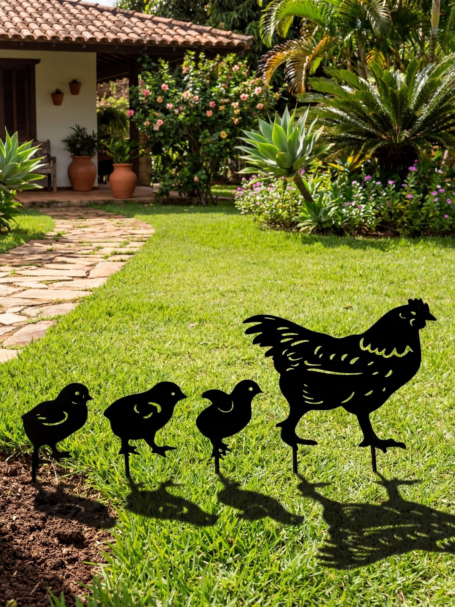 Decoração para Jardim em Metal Galinha e Pintinhos Preto - Montar & Plantar
