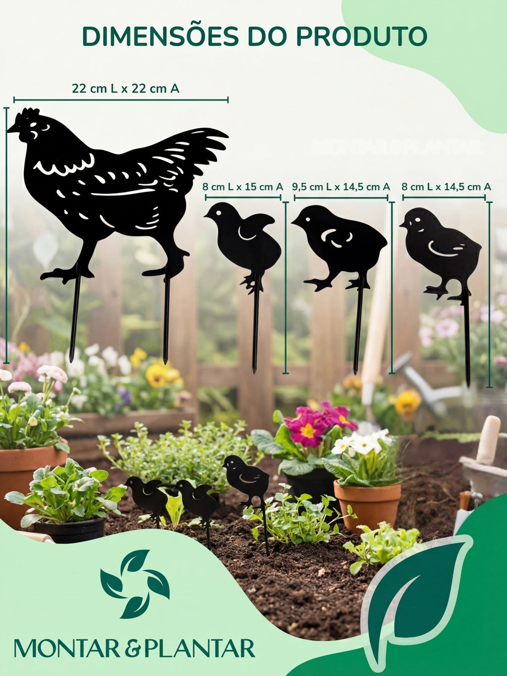 Decoração para Jardim em Metal Galinha e Pintinhos Preto - Montar & Plantar
