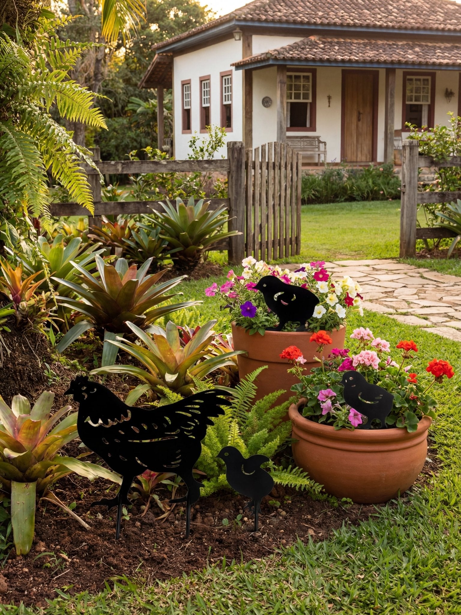Decoração para Jardim em Metal Galinha e Pintinhos Preto - Montar & Plantar
