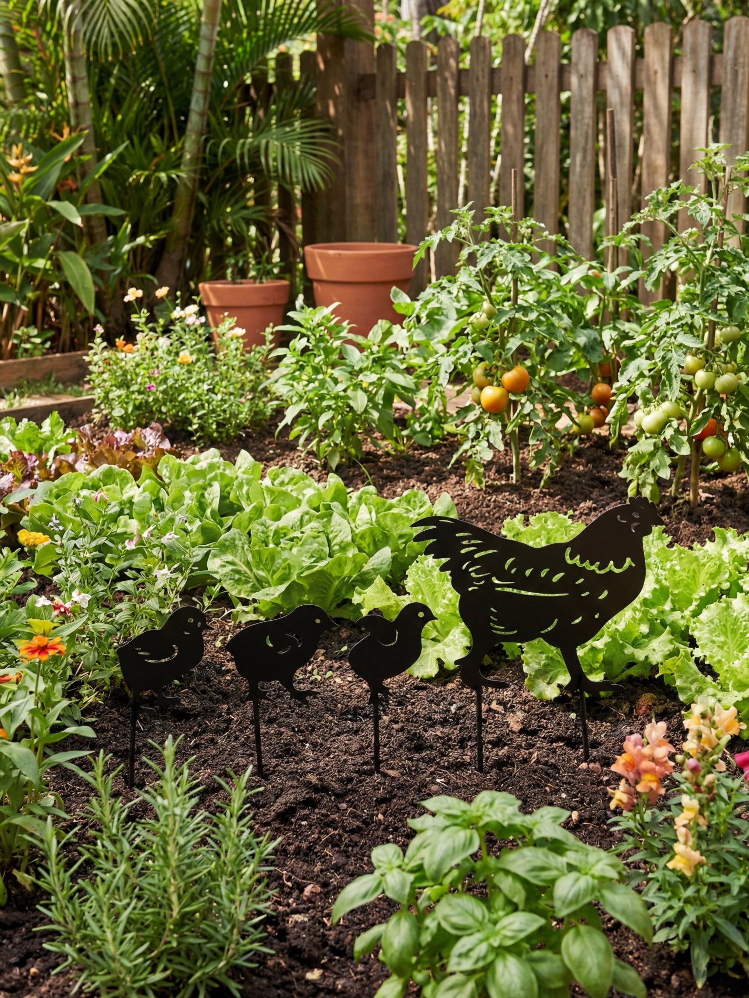 Decoração para Jardim em Metal Galinha e Pintinhos Preto - Montar & Plantar