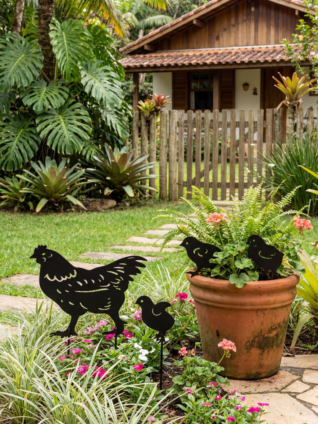 Decoração para Jardim em Metal Galinha e Pintinhos Preto - Montar & Plantar