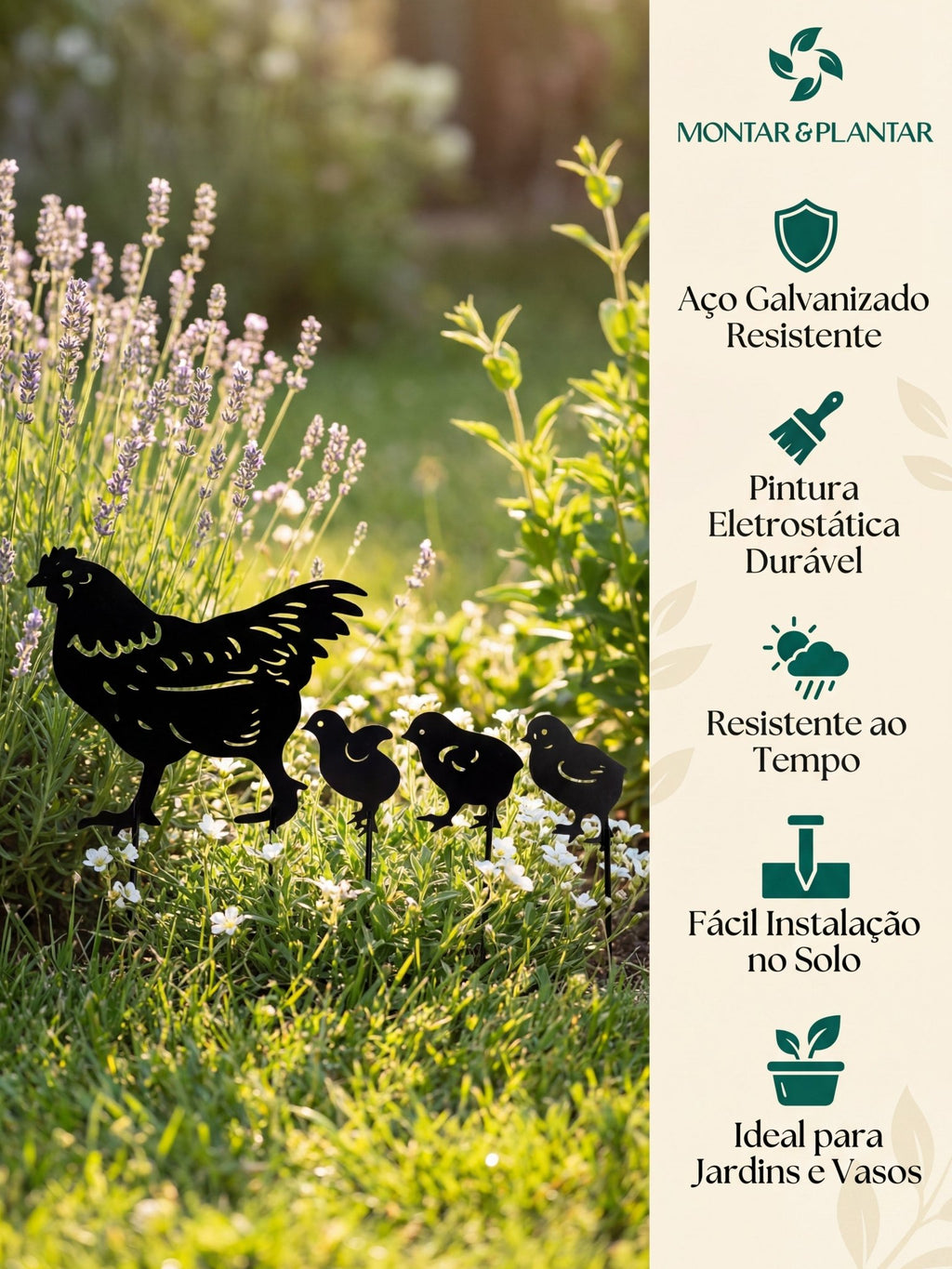 Decoração para Jardim em Metal Galinha e Pintinhos Preto - Montar & Plantar