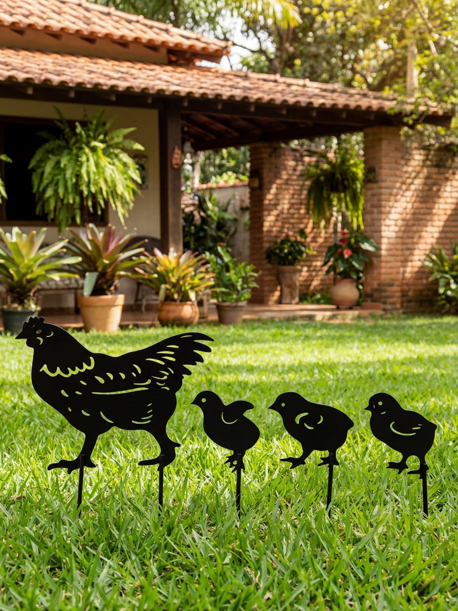 Decoração para Jardim em Metal Galinha e Pintinhos Preto - Montar & Plantar