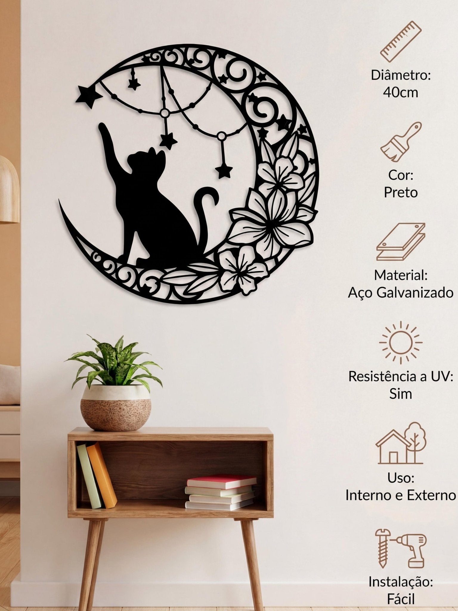 Decoração para Parede Gatinho na Lua em Metal Vazado 40cm - Montar & Plantar