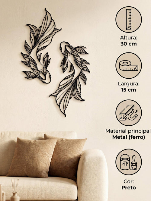 Decoração para Parede Par de Peixes em Metal Vazado 30x15cm - Montar & Plantar