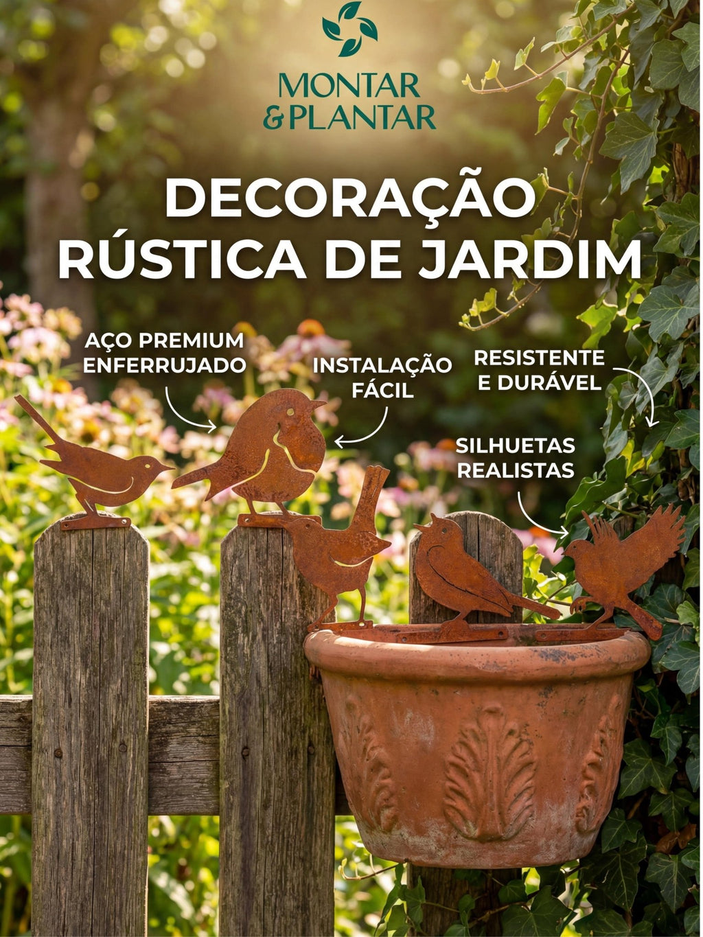 Decoração Pássaros de Metal para Jardim Cor de Ferrugem 5 Pç - Montar & Plantar