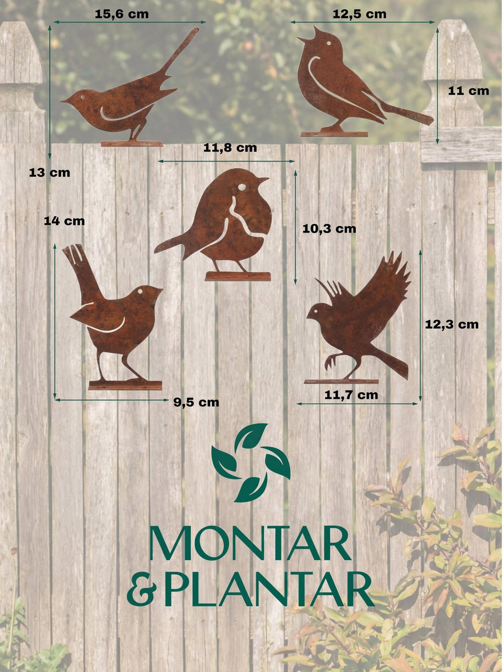 Decoração Pássaros de Metal para Jardim Cor de Ferrugem 5 Pç - Montar & Plantar