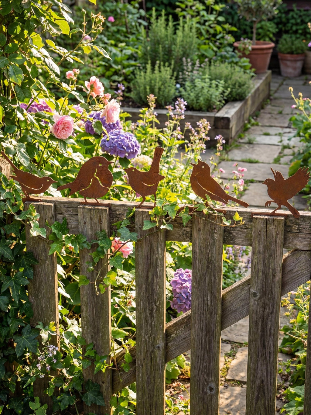 Decoração Pássaros de Metal para Jardim Cor de Ferrugem 5 Pç - Montar & Plantar