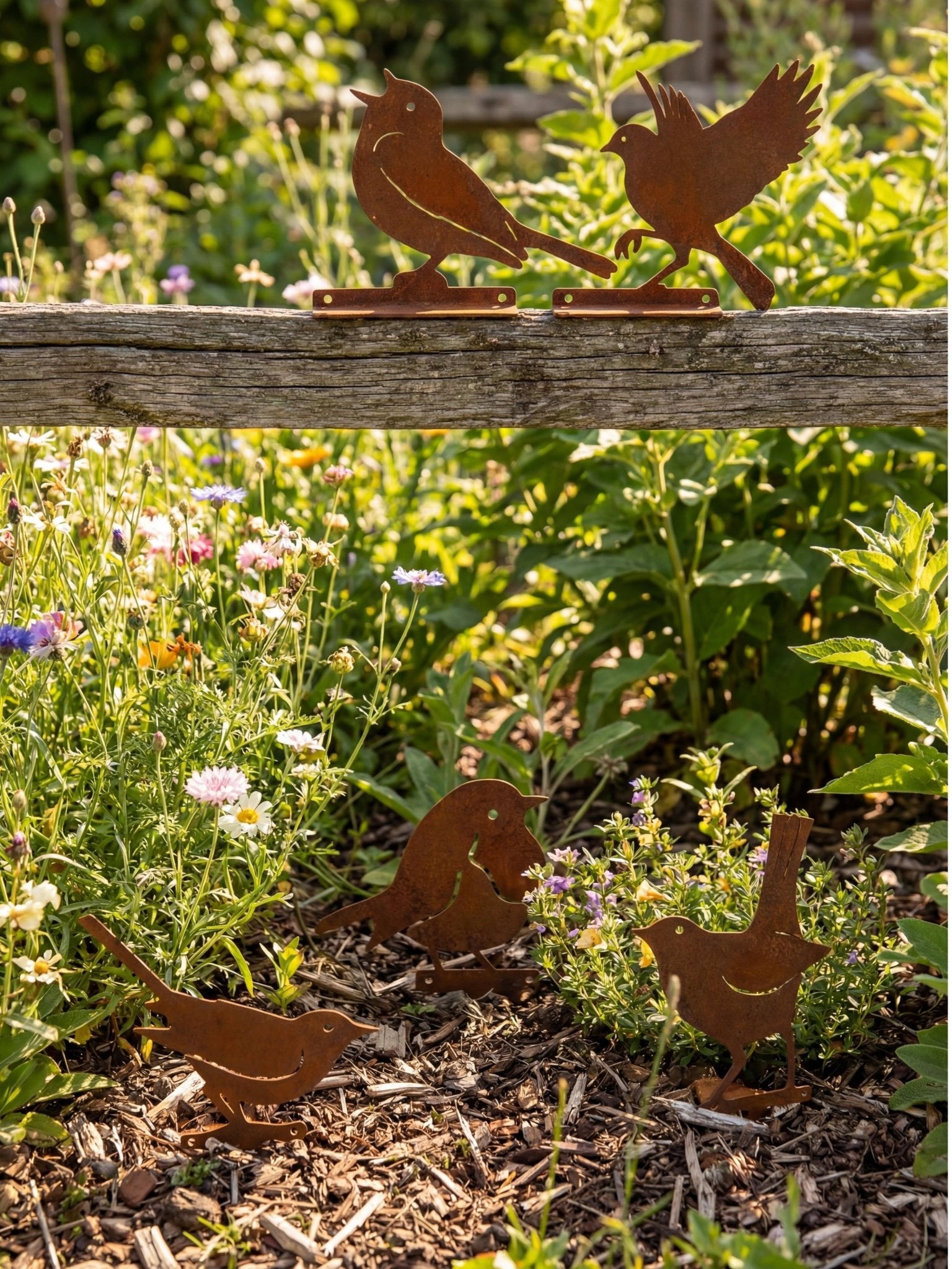 Decoração Pássaros de Metal para Jardim Cor de Ferrugem 5 Pç - Montar & Plantar