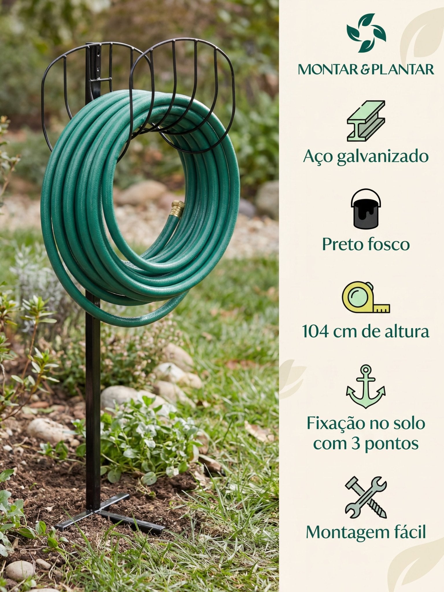 Enrolador de Mangueira em Metal com Suporte 104cm Preto - Montar & Plantar