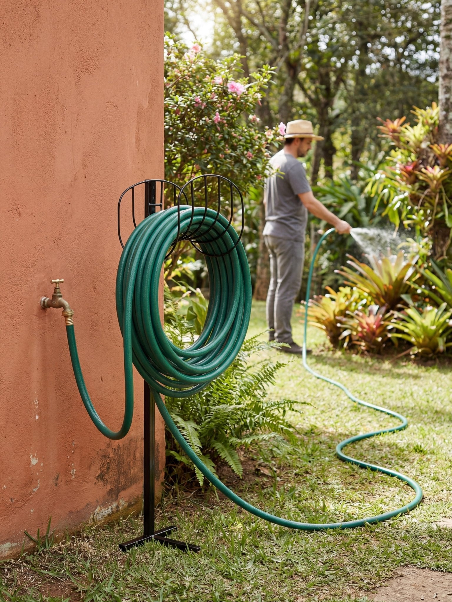 Enrolador de Mangueira em Metal com Suporte 104cm Preto - Montar & Plantar