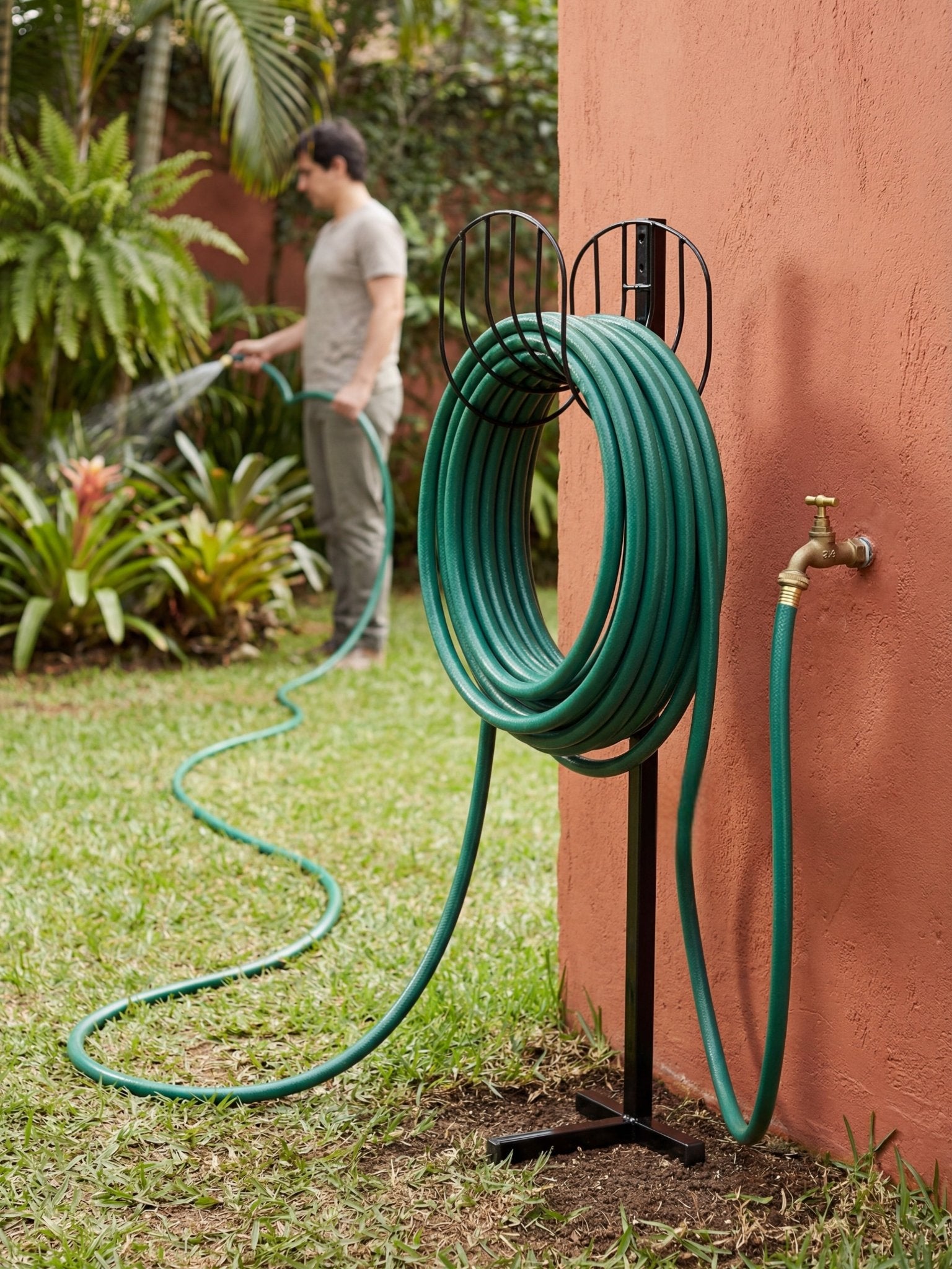 Enrolador de Mangueira em Metal com Suporte 104cm Preto - Montar & Plantar