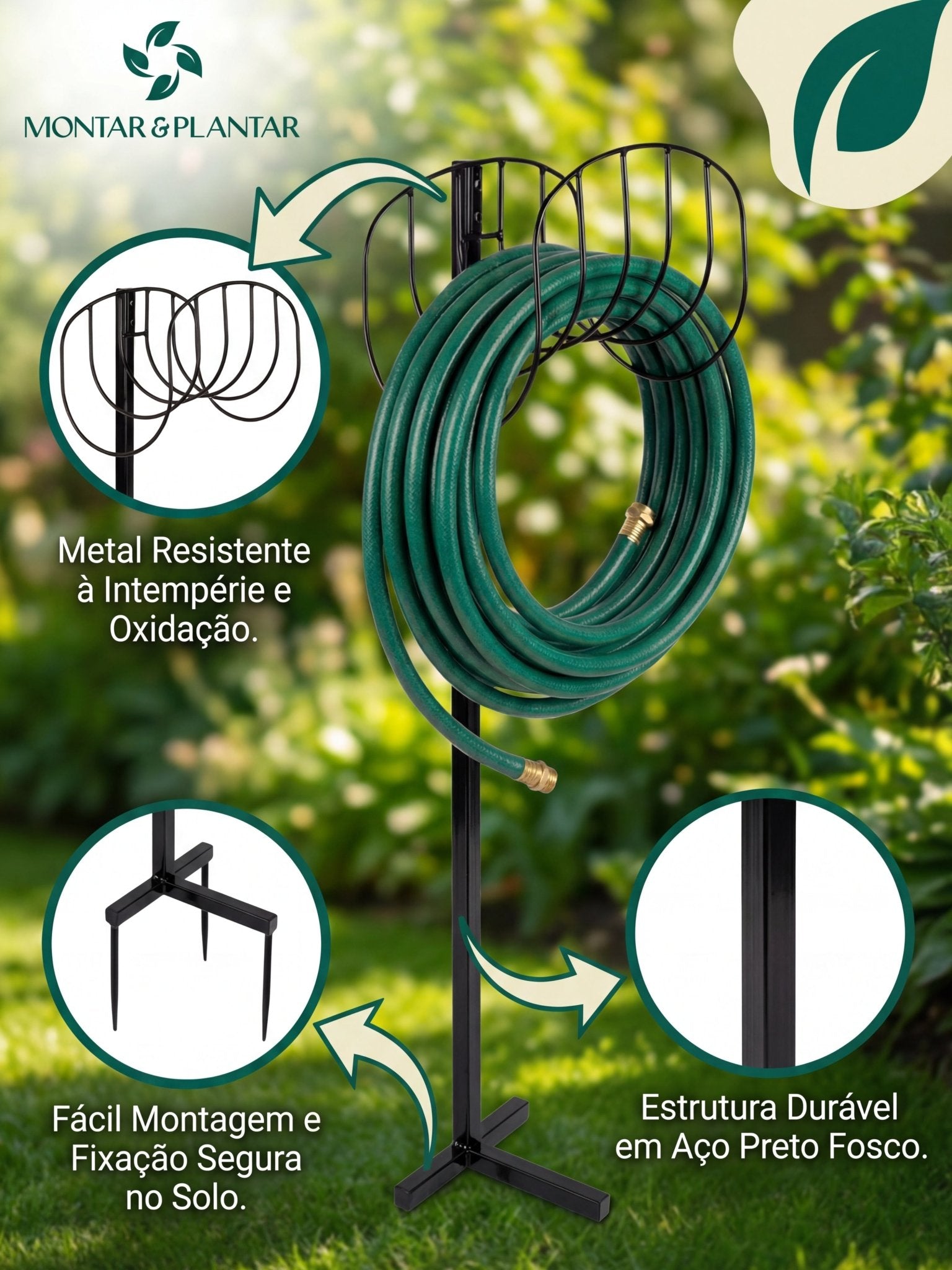 Enrolador de Mangueira em Metal com Suporte 104cm Preto - Montar & Plantar
