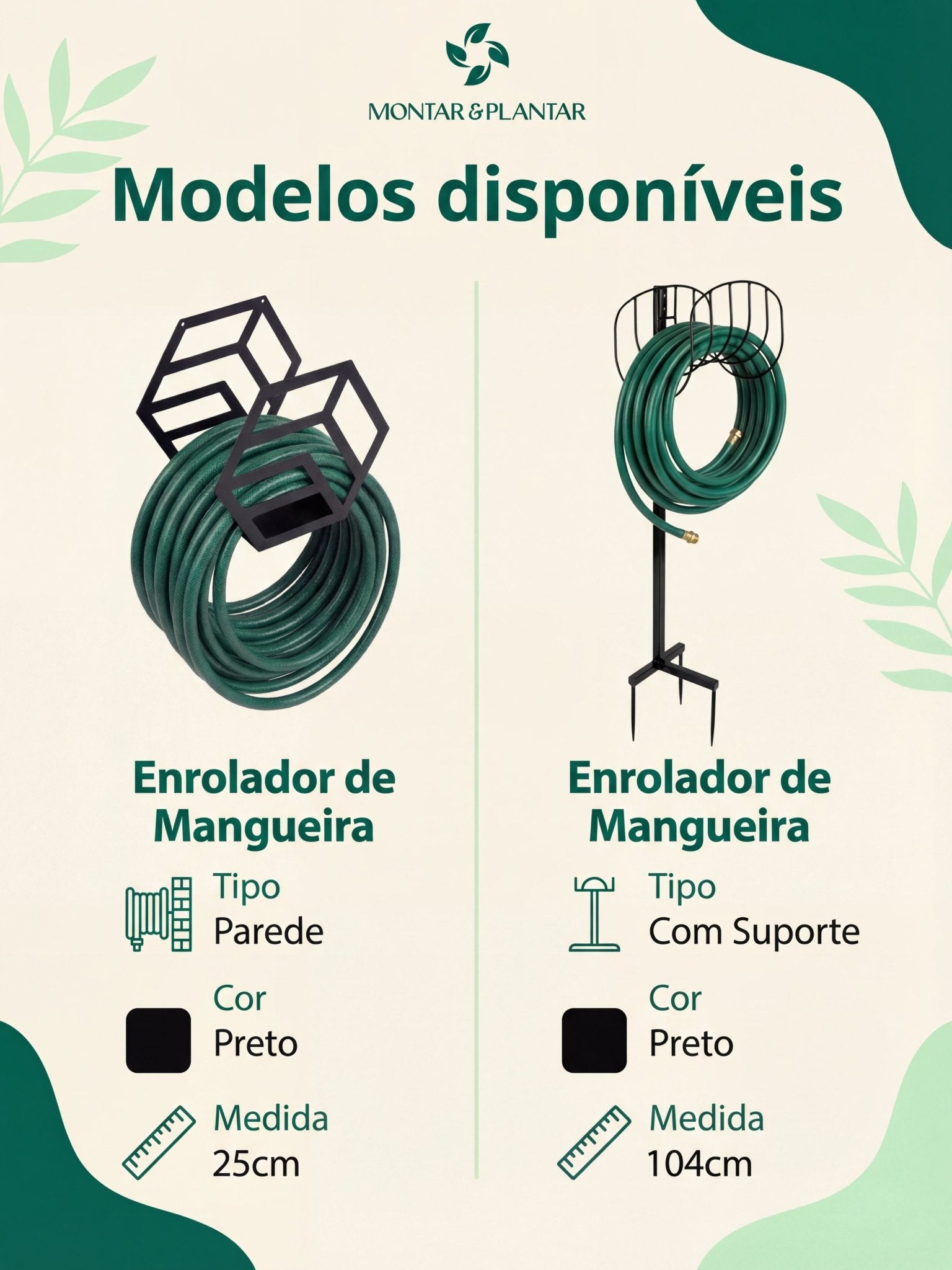 Enrolador de Mangueira em Metal para Parede 25cm Preto - Montar & Plantar