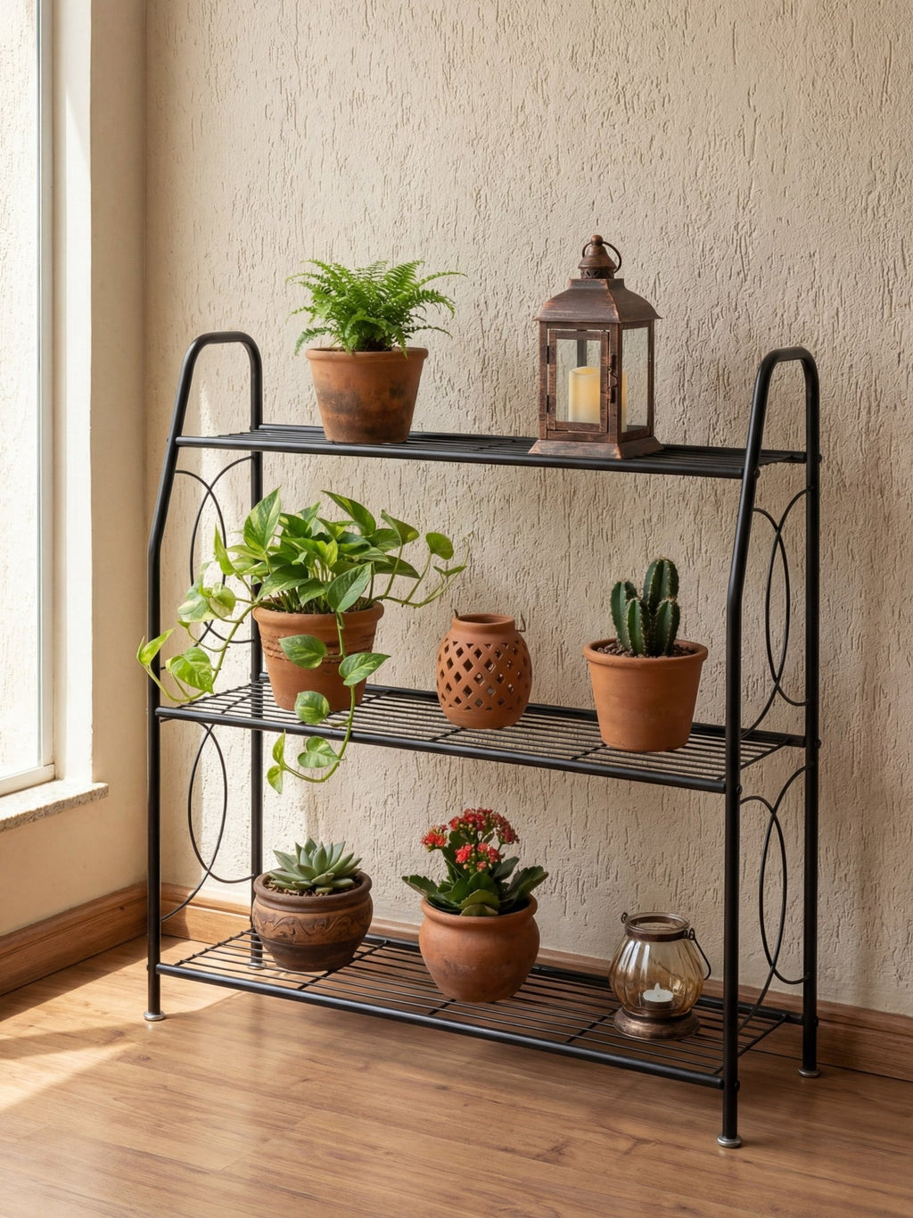 Estante Metálica para Plantas 3 Prateleiras 100x83cm Preta - Montar & Plantar