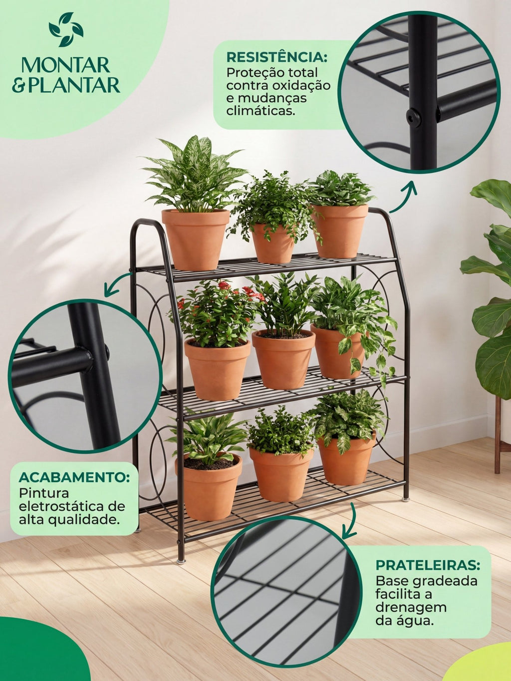 Estante Metálica para Plantas 3 Prateleiras 100x83cm Preta - Montar & Plantar