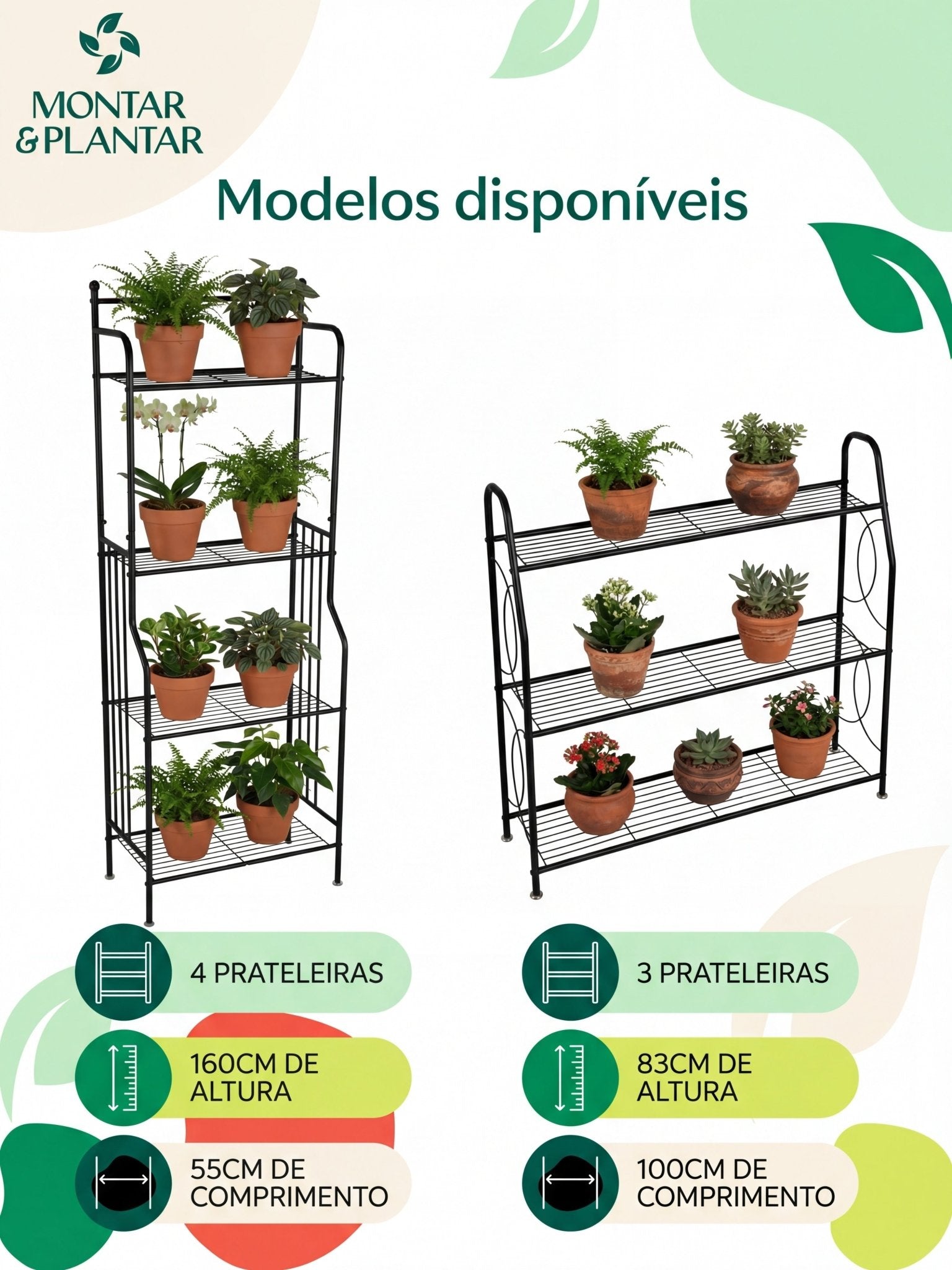 Estante Metálica para Plantas 3 Prateleiras 100x83cm Preta - Montar & Plantar