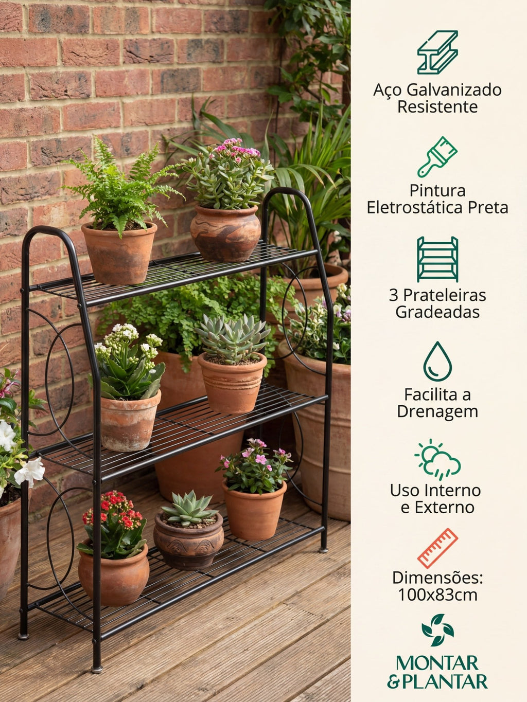 Estante Metálica para Plantas 3 Prateleiras 100x83cm Preta - Montar & Plantar