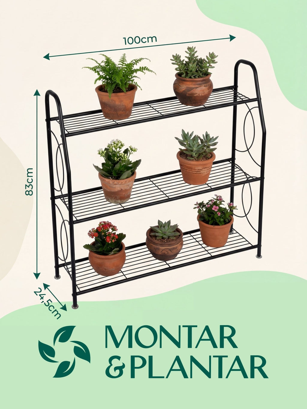 Estante Metálica para Plantas 3 Prateleiras 100x83cm Preta - Montar & Plantar