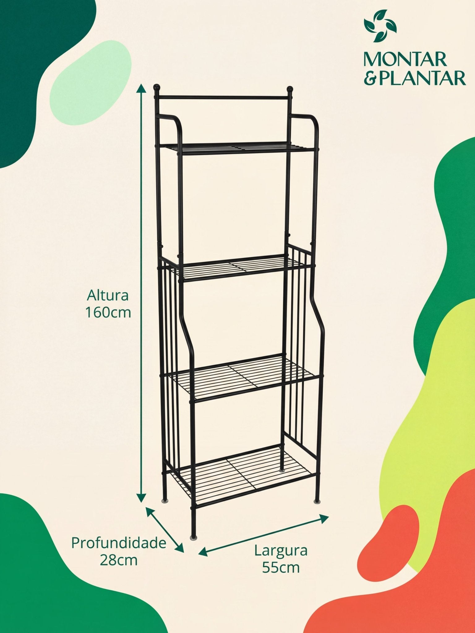 Estante Metálica para Plantas 4 Prateleiras 160x55cm Preta - Montar & Plantar