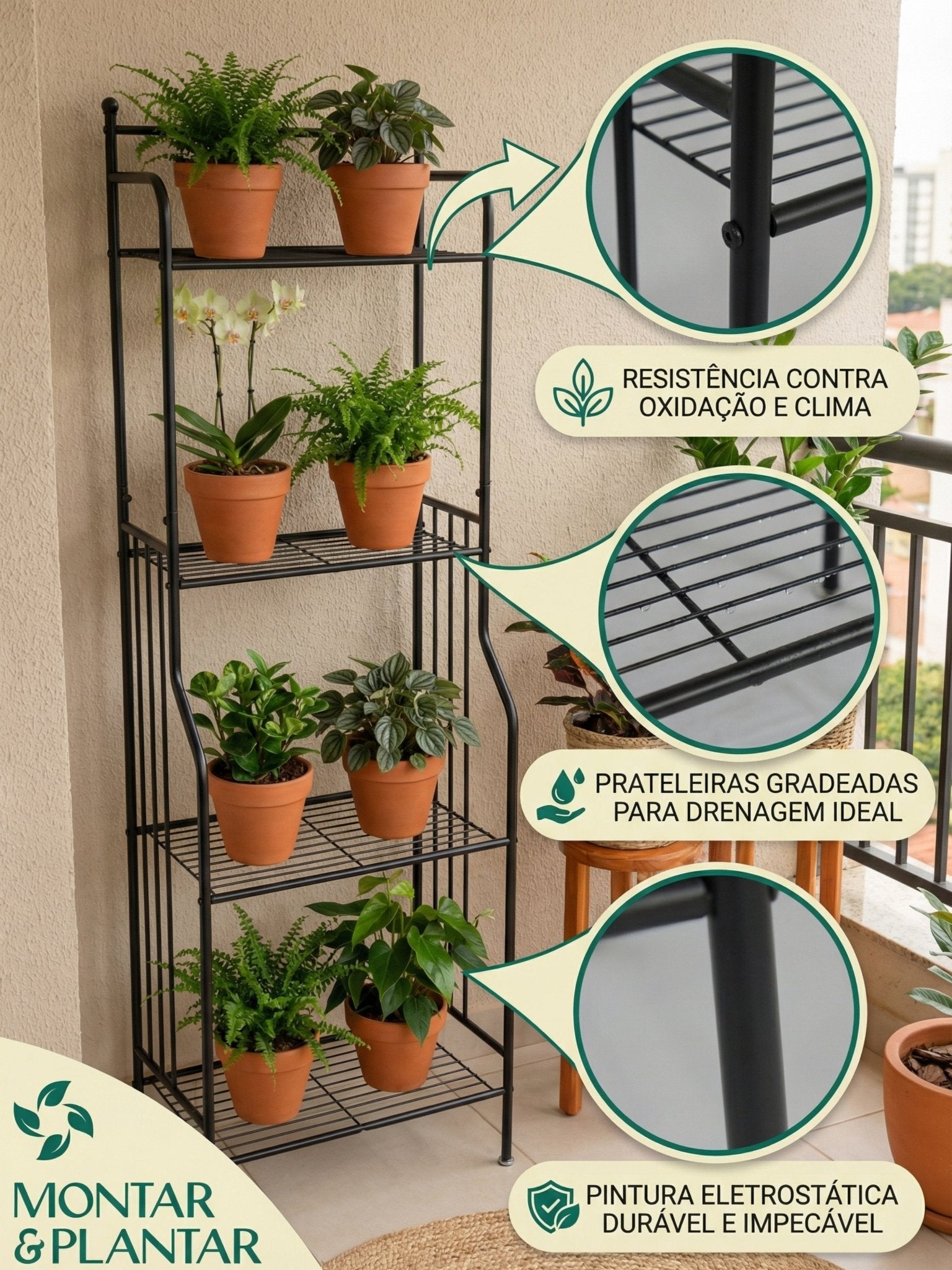 Estante Metálica para Plantas 4 Prateleiras 160x55cm Preta - Montar & Plantar