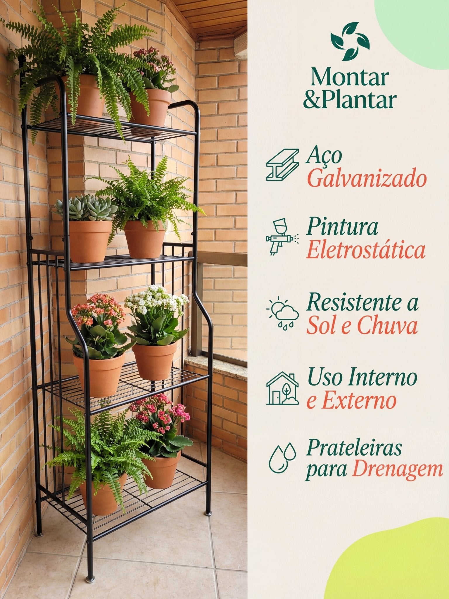 Estante Metálica para Plantas 4 Prateleiras 160x55cm Preta - Montar & Plantar