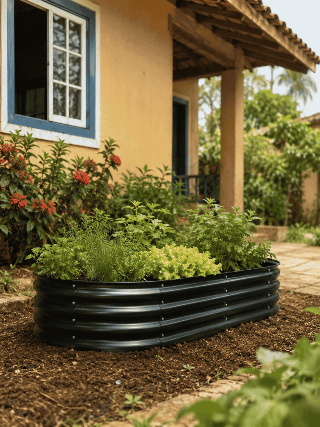 Canteiro Metálico Elevado para Jardim Oval 160x80cm Preto