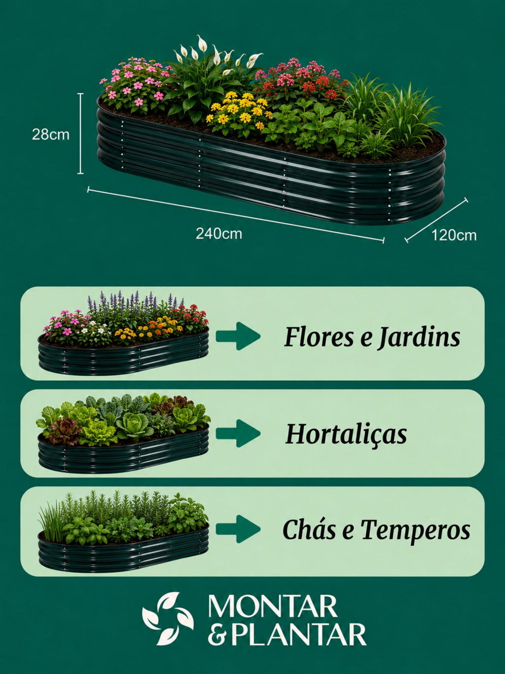 Canteiro Metálico Elevado Jardim Oval 240x120cm Verde Escuro