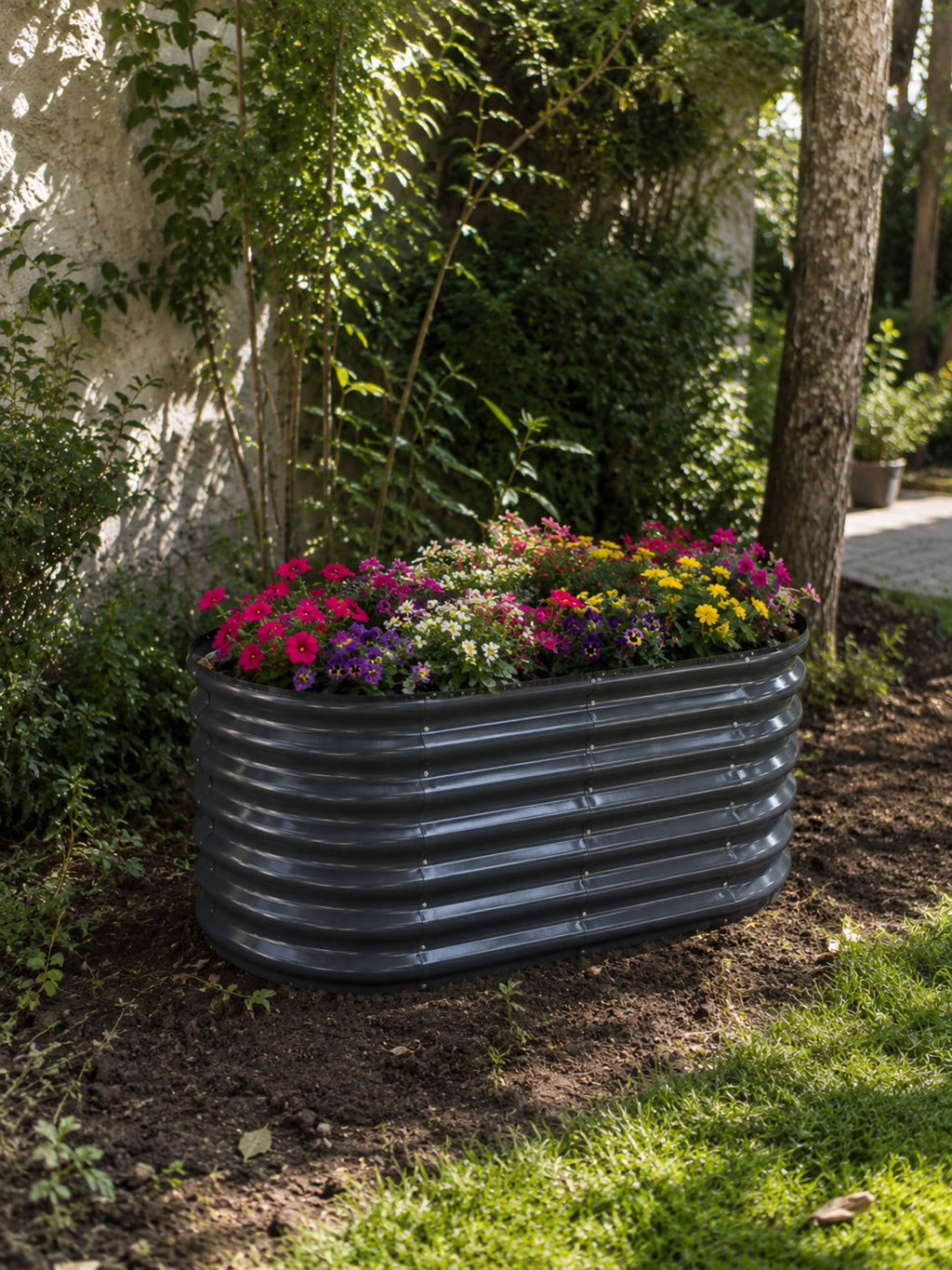 Canteiro Metálico  Alto para Jardim Oval 120x60cm Cinza