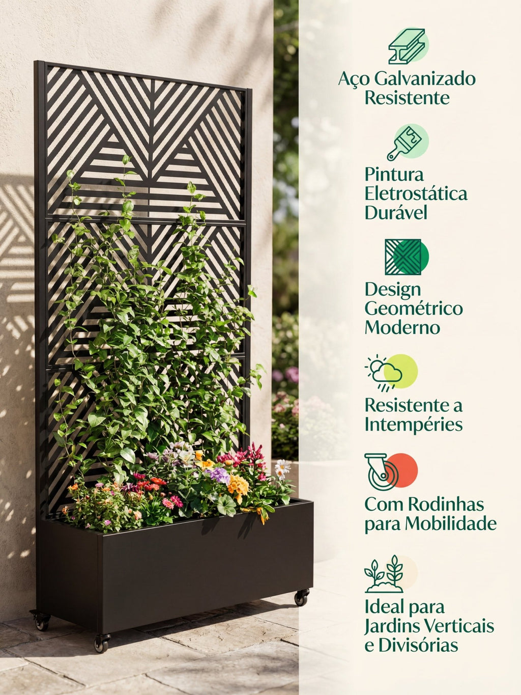 Floreira com Treliça Decorativa Metálica 1,80x40cm Preta - Montar & Plantar