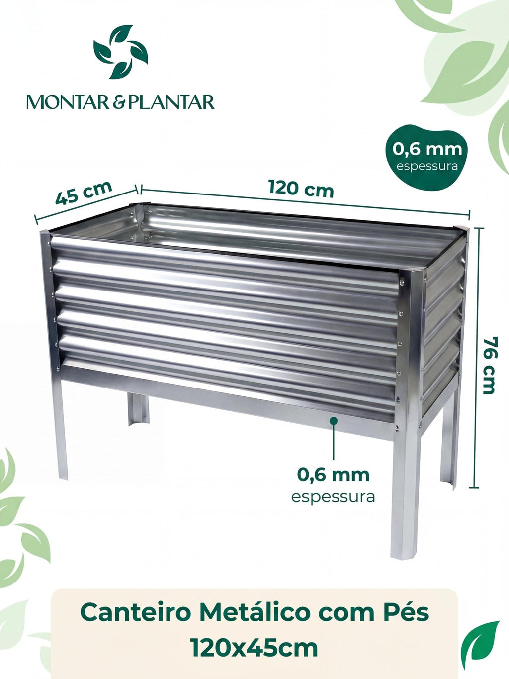 Floreira Metálica com Pés para Jardim 120x45cm - Montar & Plantar