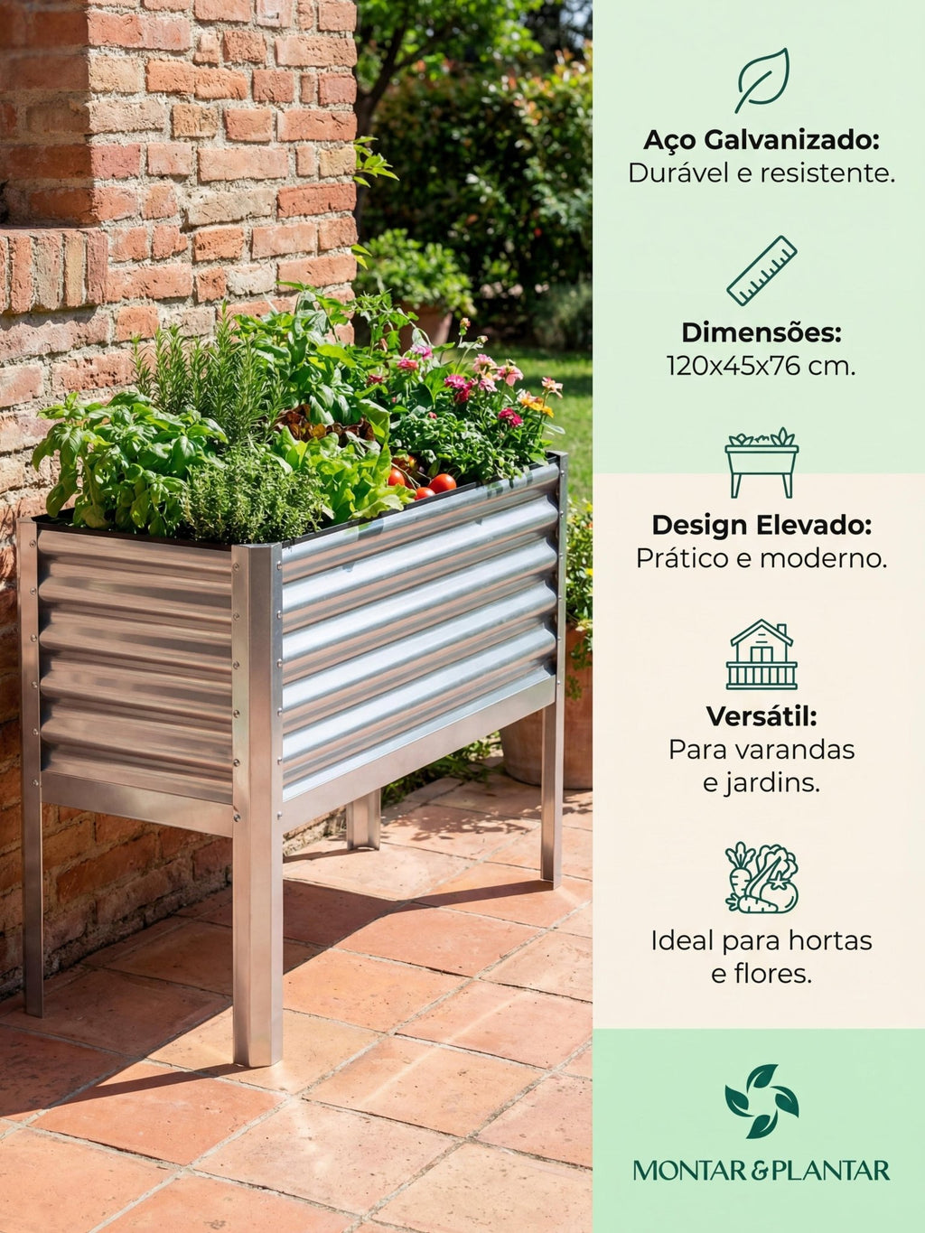 Floreira Metálica com Pés para Jardim 120x45cm - Montar & Plantar