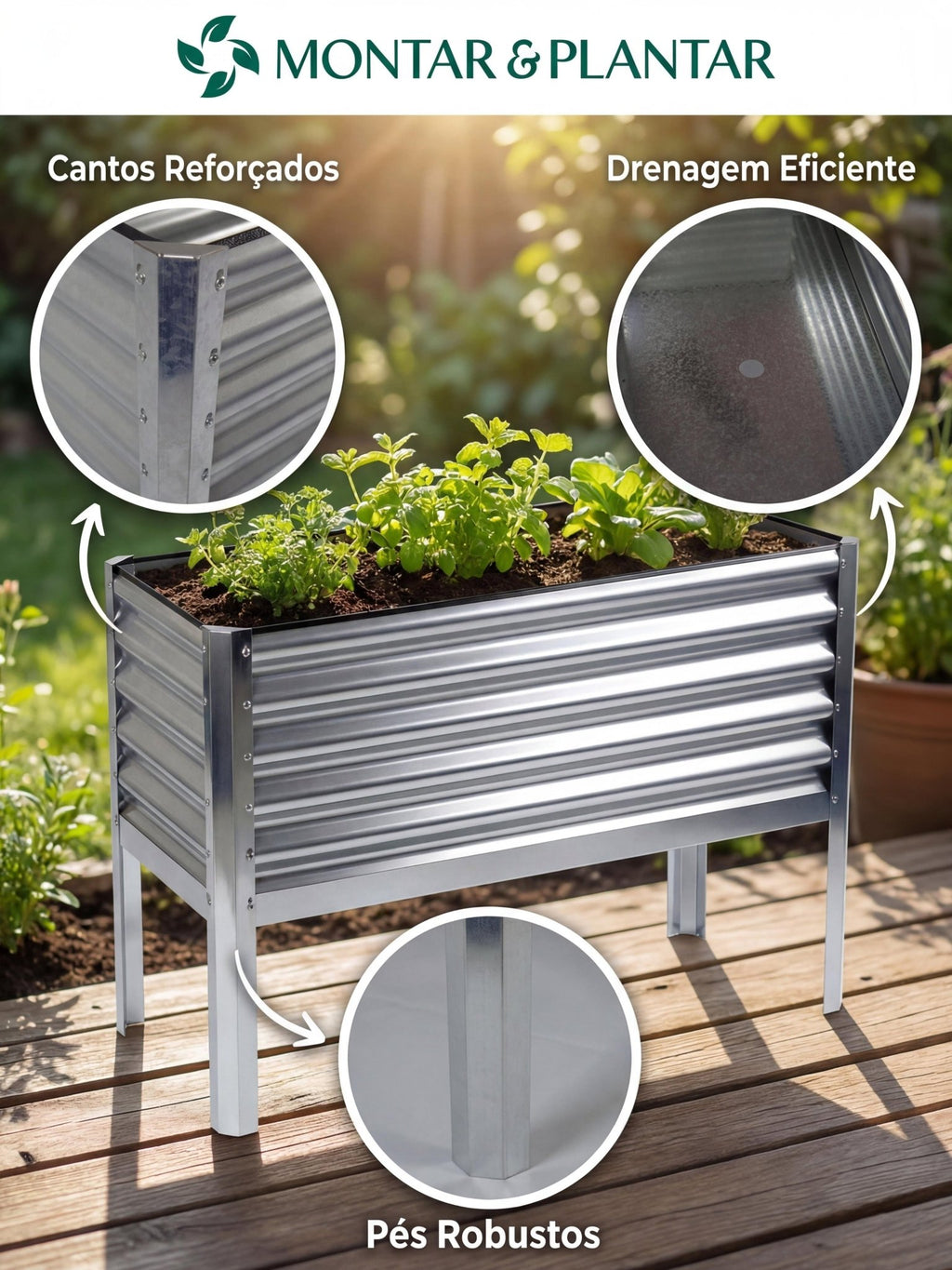 Floreira Metálica com Pés para Jardim 120x45cm - Montar & Plantar